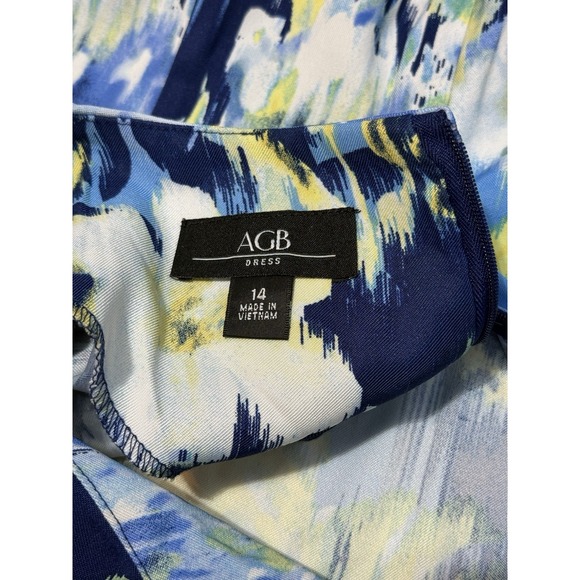 AGB Blue Yellow Floral Sheath Dress Cap Sleeve Midi Stretch Twill Size 14 - Picture 9 of 11